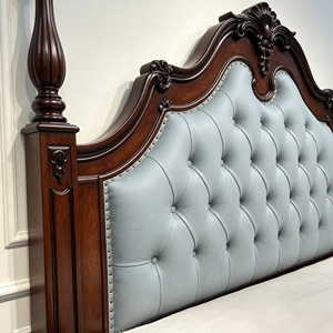 New Arrival Floral Carved Top Diamond Tufted Velvet Four Poster Solid Wood Bed with Simple Wooden Nightstands - Product Image 3