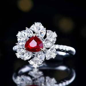 18K solid <b>Gold</b> Unheated Pigeon Blood Ruby <b>Ring</b>, Pear Cut Ruby Surrounded 34PCS White Diamonds Vintage <b>Cocktail</b> <b>Ring</b> - Product Image 2