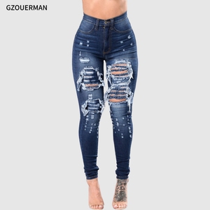 Nuevos Jeans de Mezclilla Rasgados de Moda para <span class=keywords><strong>Mujer</strong></span>, <span class=keywords><strong>Pantalones</strong></span> <span class=keywords><strong>Largos</strong></span> de Cintura Media, <span class=keywords><strong>Vaqueros</strong></span> Ajustados con Agujeros para Dama - Product Image 6