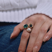 Manqiu Stainless Steel Ring Niche Sophisticated Design Tiger's Eye Zircon Mother-of-Pearl Natural Stones 18K Gold PVD Ring