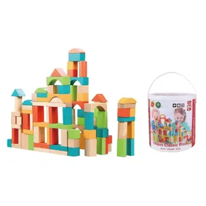 Wholesale barrel kids-100 pcs colorful toddler educational set toy wooden building block for kids 18M+