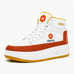 Sneakers alte in pelle PU con plateau, bianche con fascia rossa mattonella, <span class=keywords><strong>suola</strong></span> giallo oro, stringate, stile retrò street basketball - Product Image 1