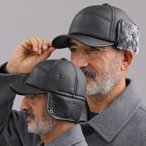 Leather Brimmed Hat With Fleece Lining Warm Winter <b>Cap</b> For <b>Men</b> Middle Aged Elderly Ear Protection - Product Image 1
