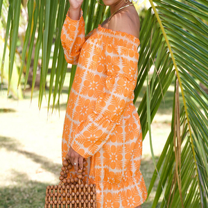 Robe midi ample à imprimé floral de style plage, de haute qualité, à épaules dénudées, personnalisée, 100% voile de rayonne - Product Image 4