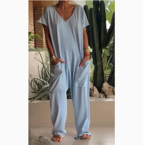 Tuta estiva da <span class=keywords><strong>donna</strong></span> 2026 transfrontaliera europea e americana, popolare, tinta unita, scollo a V, con tasche grandi, traspirante e vestibilità ampia - Product Image 3