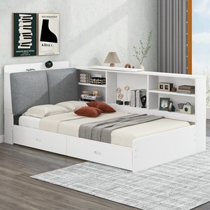 Cama de almacenamiento multifuncional de madera con estantes y cajones para muebles de dormitorio en blanco y gris. - Product Image 3