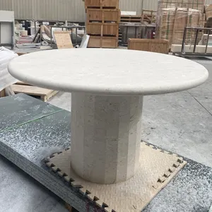 Custom moon beige light lime stone table marble travertine limestone round marble table dining