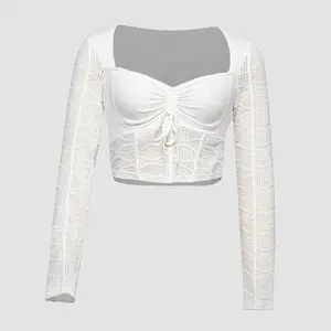 Hızlı örnek özel kadın gömlek beyaz Vintage kare yaka dantelli geometrik desen dantel Patchwork tasarımcı kırpma gömlek