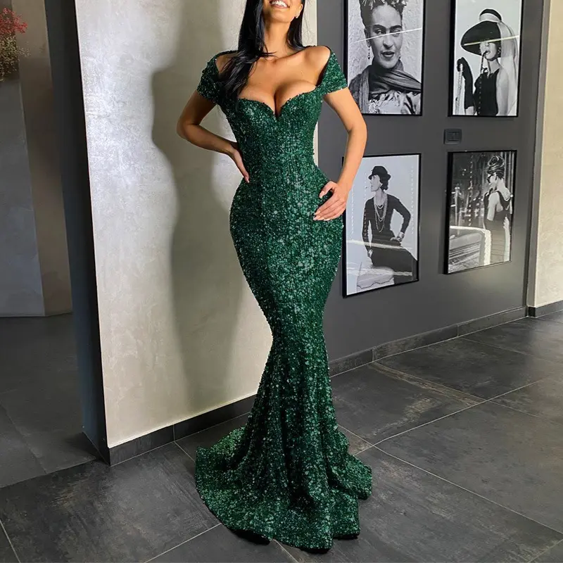 New Trendy Sequins Casual One Shoulder Maxi Bodycon Party Prom Dress Ladies Elegant Evening Dresses