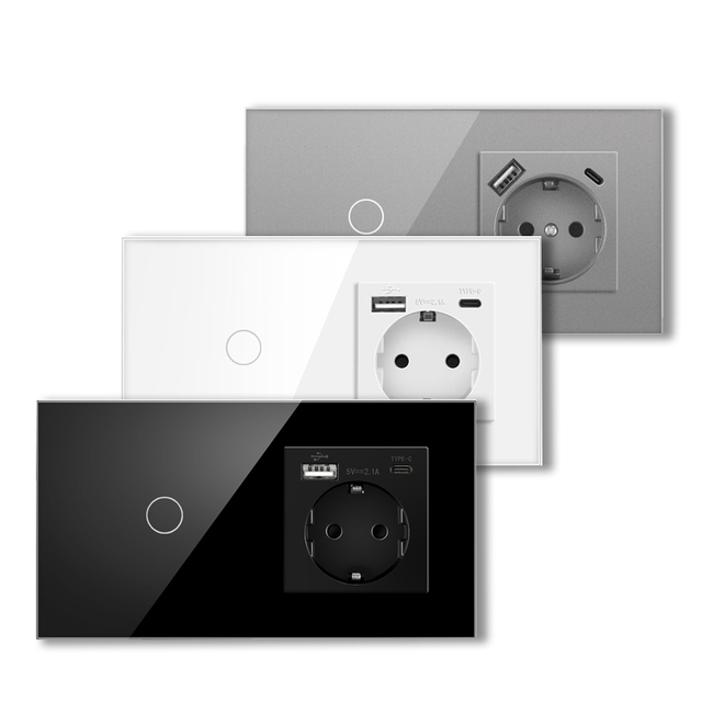 NOVSKI Luxury Waterproof Glass Panel Double Home Electrical 1 Gang Wall Touch Light Switch and Power Socket  With Type-c and USB