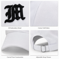 Casquette de baseball personnalisée en twill de coton blanc avec broderie 3D gothique noire, visière incurvée réglable à fermeture snapback