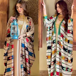 Colorful Arab Turkish Kaftan Dress Fashion Women's Striped Bat Sleeve Ethnic Style SkirtMuslim Two-piece Abaya Maxi Dress