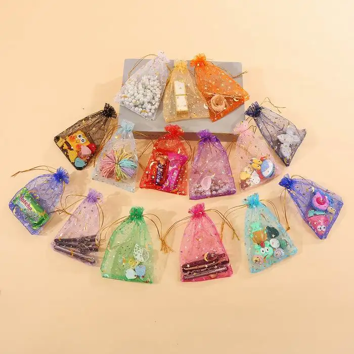 Wholesale Stars and Moon Printing Promotion Organza Drawstring Gift Bag Transparent Mesh Small Candy Bag Mesh Bag with Rope