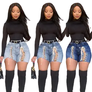 2022 Wholesale Plus Size Women's Jeans Bandage Blue Summer Clothes Ripped Stretch Denim Jeans Shorts For Women