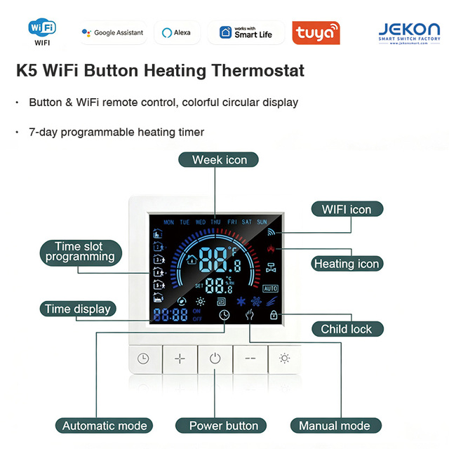 Smart Thermostat with Wi-Fi App Control OLED Voice Smart Programmable Schedule 16A Load Works with Android Home Automation
