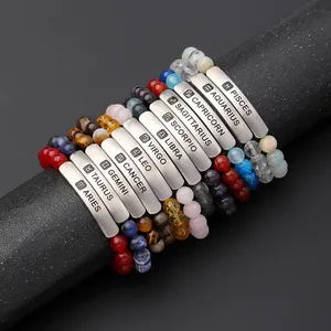 Latest Design Fashion 12 Horoscopes Design Natural Stone Bracelet 18K Gold Plated Stainless Steel Bar Charm Bracelet