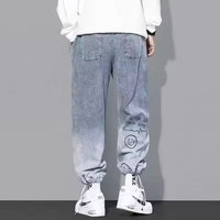 Jean en denim ample pour homme, imprimé lettres et graffiti cartoon, avec cordon de serrage, tendance, collection Printemps-Automne