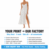 Robe midi pour femme, personnalisée, à imprimé floral, à bretelles spaghetti, col en V, froncée, coupe trapèze, avec fente cuisse, été, fabricant OEM, vente en gros