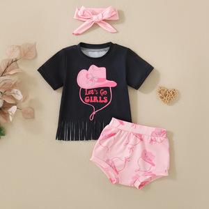 Conjunto de Ropa Western de Verano para Bebé Niña: Atuendo de Vaquera Pequeña de Papá, con Botines de Lazo, Tops con Borlas y Pantalones Cortos - Product Image 1