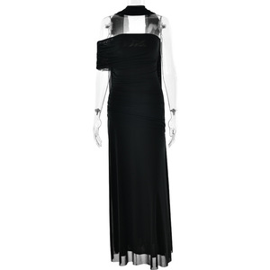 Vestido largo de un solo hombro estilo europeo americano, vestido de noche translúcido con lazo asimétrico para mujer, ropa informal - Product Image 5