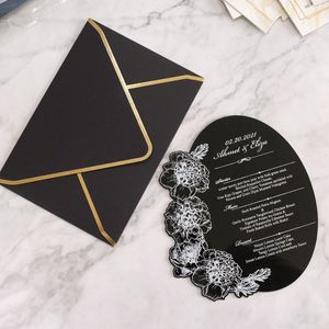 Carte de menu en acrylique avec fleur en feuille d'aluminium blanche, design luxueux et forme créative, couleur personnalisée, invitations de <span class=keywords><strong>mariage</strong></span> classiques en acrylique noir - Product Image 3