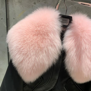 Chaqueta negra de cuero con piel de zorro real chaqueta de cuello de piel rosa chaqueta de cuero recortada para mujer - Product Image 3