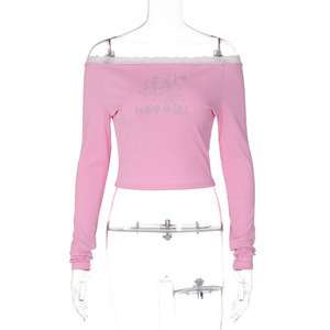 2024 <span class=keywords><strong>donna</strong></span> alla moda <span class=keywords><strong>Boutique</strong></span> autunnale graziose ragazze con spalle scoperte maglietta rosa a maniche lunghe - Product Image 5