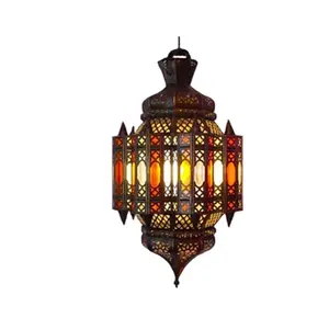 Outdoor/ Indoor garden Decorative Hanging Moroccan Lantern with Customized Color Glass Fitted Candle Holder For Decoration
