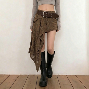 Falda Asimétrica Desgastada para Mujer, Falda Cruzada Marrón Vintage con Dobladillo sin Rematar, Estilo Boho Chic, Nueva Llegada 2026 - Product Image 4