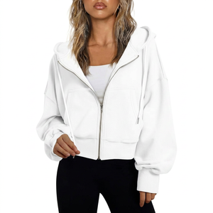 Sweat à capuche zippé blanc d'hiver pour femme avec strass, motif uni, logo frontal, poches, coupe ample, style streetwear décontracté - Product Image 1