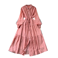 Robes chemises décontractées vintage à manches longues pour femmes, robe midi ample à taille nouée et à volants pour le printemps et l'automne