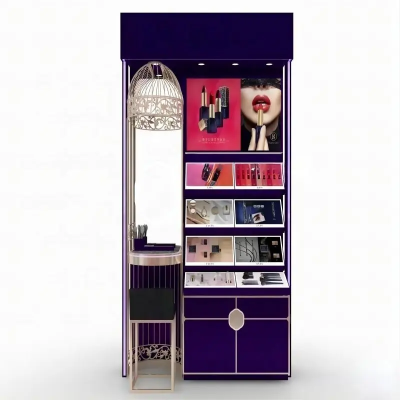 Custom Shopping Mall Makeup Kiosk Decoration Purple Cosmetic Nail Polish Display Cabinets