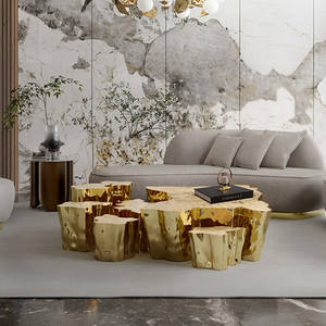 Table basse en bois de racine d'arbre de luxe italien, acier inoxydable gravé, meubles de salon, table d'appoint combinée haut-bas - Product Image 3