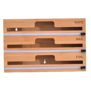 Prodotti Eco Friendly 2024 di bambù chiusura lampo sacchetto di stoccaggio Organizer in legno 3in 1 cassetto della cucina organizzatore avvolgimento Dispenser con Cutter