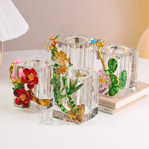 Porte-stylo en verre cristal, forme carrée, motif floral en émail, accessoire de bureau, cadeau pour les enseignants et les collègues - Product Image 2