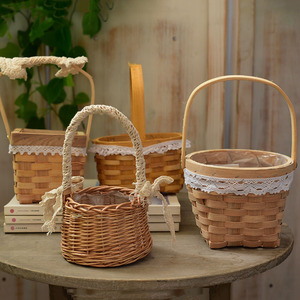 Willow Woven Flower <b>Basket</b> Rectangle Handmade Rattan Gift <b>Basket</b> With Handle Rustic Style - Product Image 1