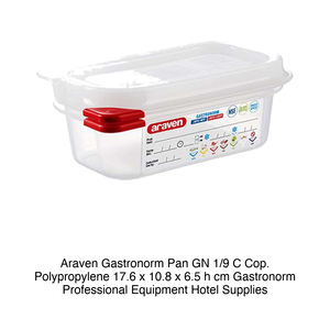 Polypropylene GN 1/9 Food Pan 17.6 × 10.8 × 6.5 h cm, with Lid, -40/+95 °C Araven - Product Image 2