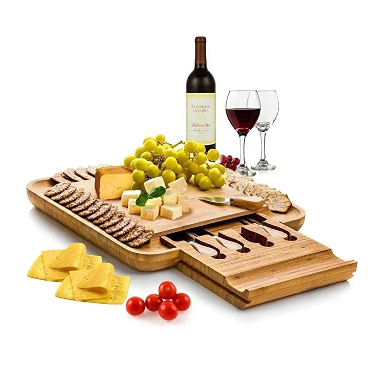 Bamboo Cheese Board Wooden Two Ceramic Bowls Two Magnet Drawers Serving Platter Cutlery Server Knife Set