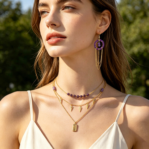 Women's Trendy <b>Boho</b> Style Layered 14K Gold Plated Stainless Steel Layered Necklace Earrings Jewelry Set <b>Rugged</b> Durable for Party - Product Image 1