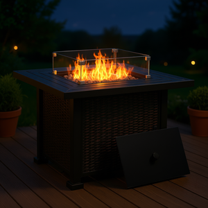 Propane Gas <b>Fire</b> <b>Pit</b> <b>Table</b> 34 In Wicker Design With Glass Wind Guard Lava Rocks Lid Outdoor Use - Product Image 2