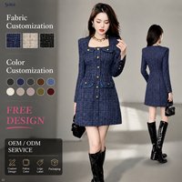 Robe mini trapèze ajustée pour femme, style vintage, en tweed à carreaux, col carré, manches longues, boutons dorés, poches à rabat, pour le bureau ou tenue décontractée