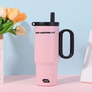 24oz 720ml Travel Car <b>Macaron</b> Handle Tumbler Stainless Vacuum Mug Lid Straw Non-Slip OEM ODM Peach Pink Color - Product Image 5