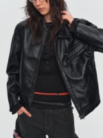 Veste en cuir PU vieilli Penpace pour homme, style court, col à revers, double fermeture éclair, poches, style motard rétro, collection automne