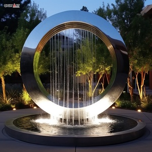 Décoration de jardin extérieur d'hôtel de ville personnalisée Grande sculpture en métal Statue circulaire en acier inoxydable avec anneau lumineux <span class=keywords><strong>Fontaine</strong></span> d'<span class=keywords><strong>eau</strong></span> avec cascade - Product Image 1