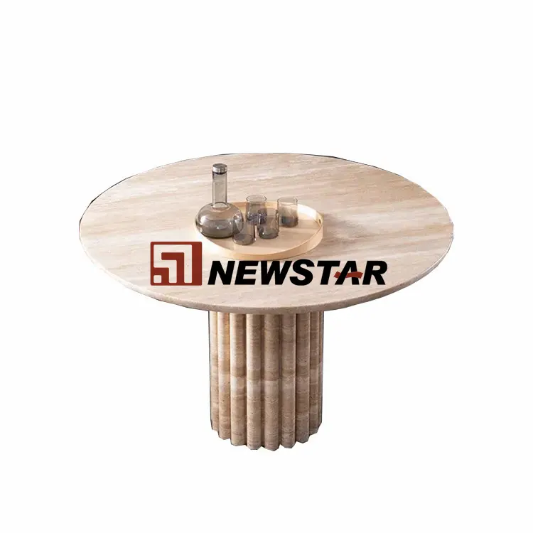 Newstar Modern Light Mesa De Jantar De Luxo Bancada Redonda Cilíndrica Parquet Base Mesa De Jantar Travertino Mesa De Jantar De Mármore