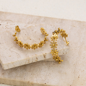 Hoop <b>Earrings</b> Flower Pattern 18K Gold Plated Stainless Steel Titanium Ear <b>Post</b> For Fashion Jewelry - Product Image 3