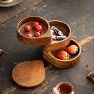 Walnut Wood Three Layer Food Box Teardrop Design Stackable <b>Storage</b> <b>Tray</b> For Home Use - Product Image 2