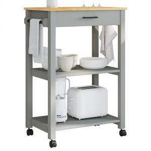 Carrello da Cucina Monza in Legno Massello 60x40x90 cm Grigio con Ruote, 3 Ripiani, 1 Cassetto, Design Moderno - Product Image 1