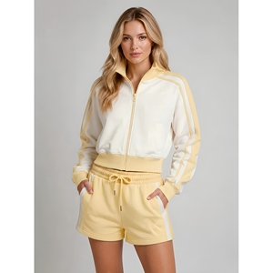 Conjunto Deportivo de Felpa para Mujer, Color Amarillo y Blanco, con Bloques de Color, Manga Larga, Pantalones Cortos, Top con Cierre, para Primavera/Verano - Product Image 1