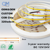 Tira de Luz LED COB de Longitud Personalizada, 12V 24V 8mm 2700K Blanco Cálido, Flexible, Sin Puntos